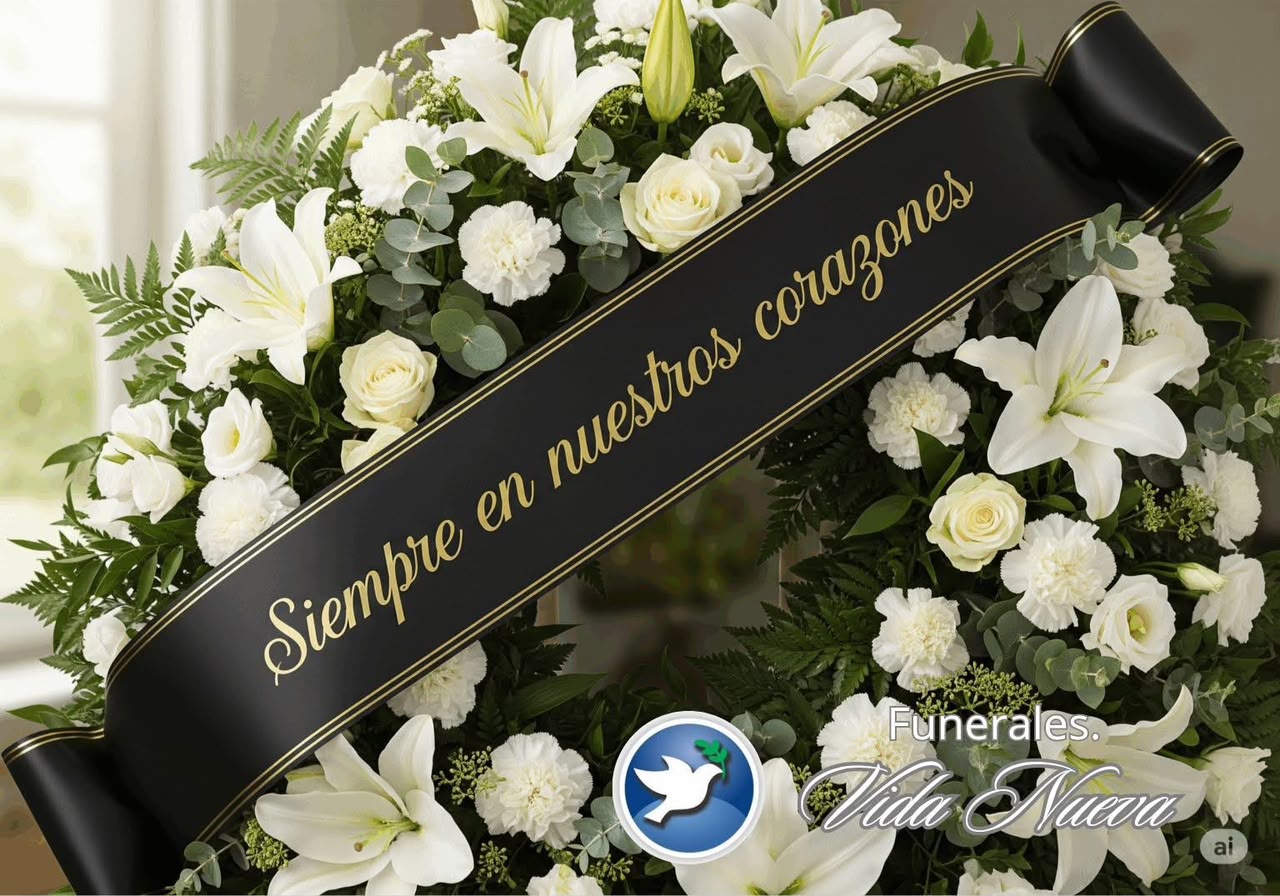 Corona floral de despedida con listón 'Siempre en nuestros corazones' de Funerales VidaNueva